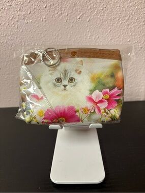 Cute Floral Kitten Coin Purse Mini Zip Pouch Keychain New